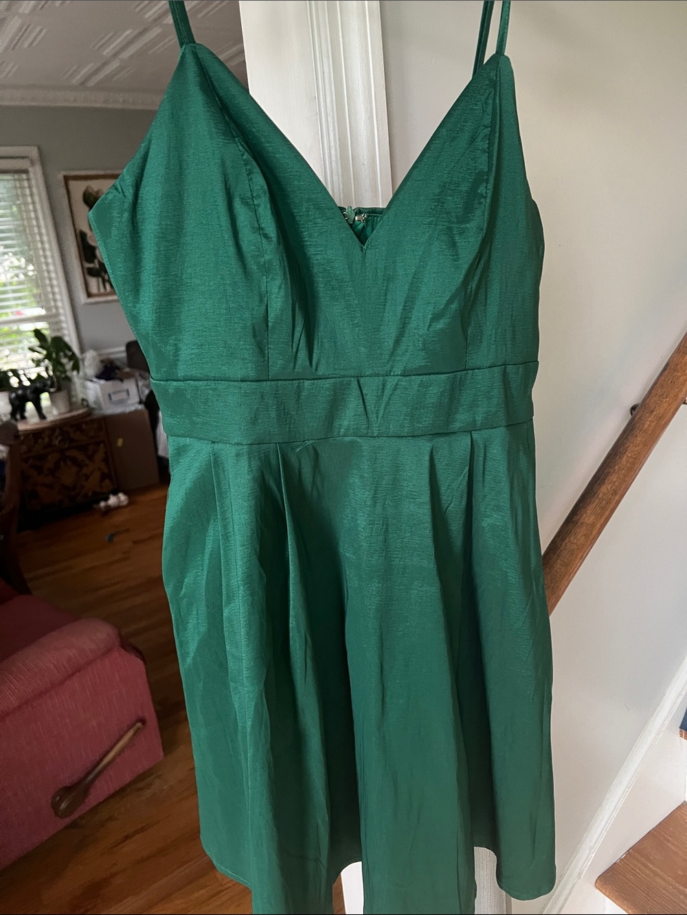 Lulu's Deep Green V-Neck Spaghetti Strap Mini Dress